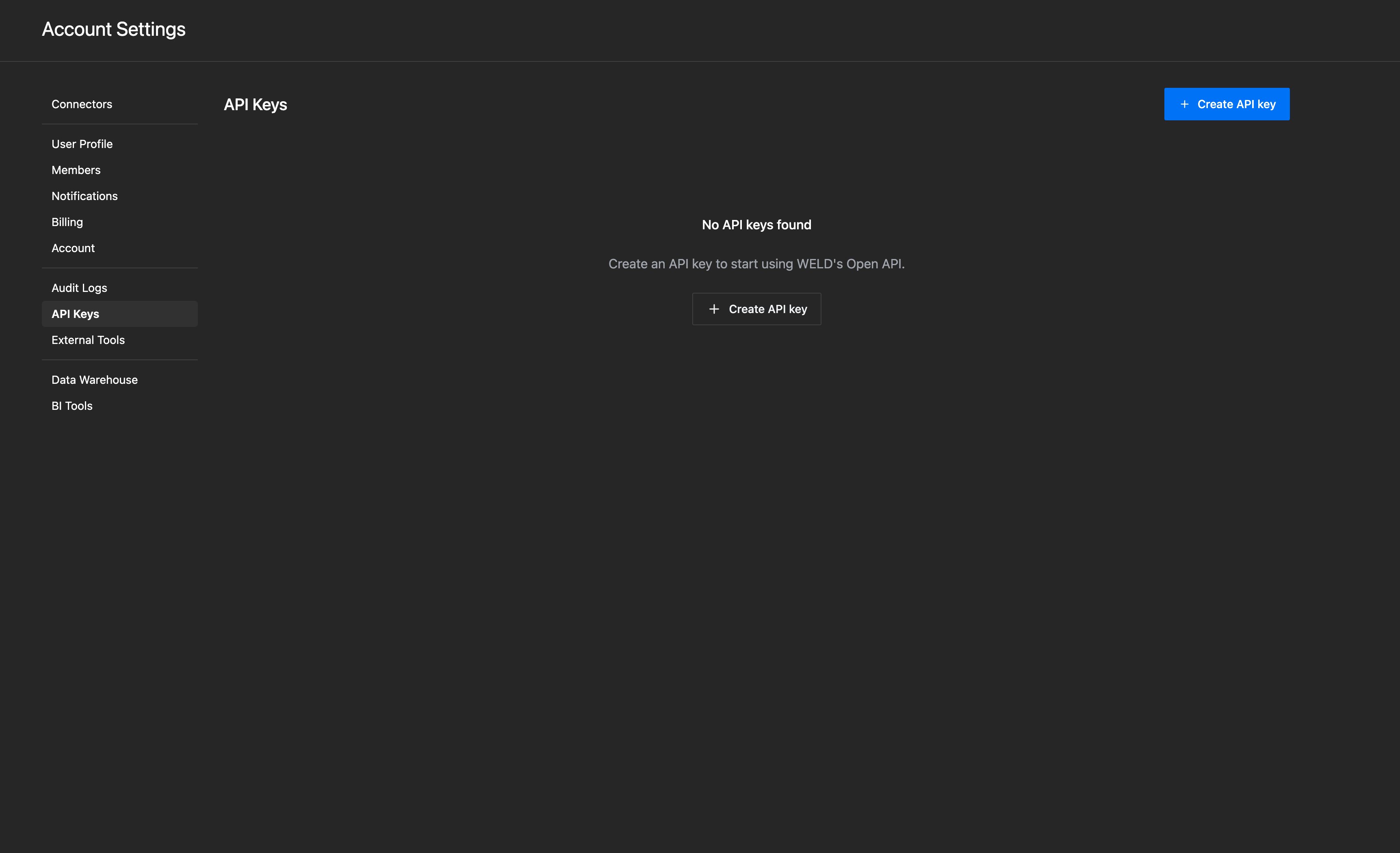Weld API key settings